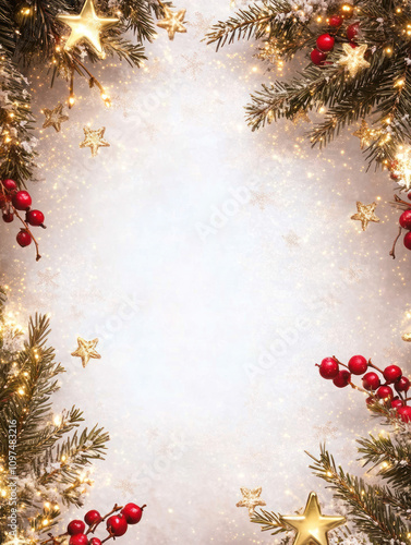 Festive Christmas wreath decorations frame Snowy Background with Glowing Golden Stars and Red Berries Framing an Open Center Space Perfect for Holiday and Winter Themed Designs and Greetings