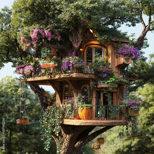 tree house with spider plants and orchids. 15 off the ground. Very nice balcony with flower pots and bird feeders. photo