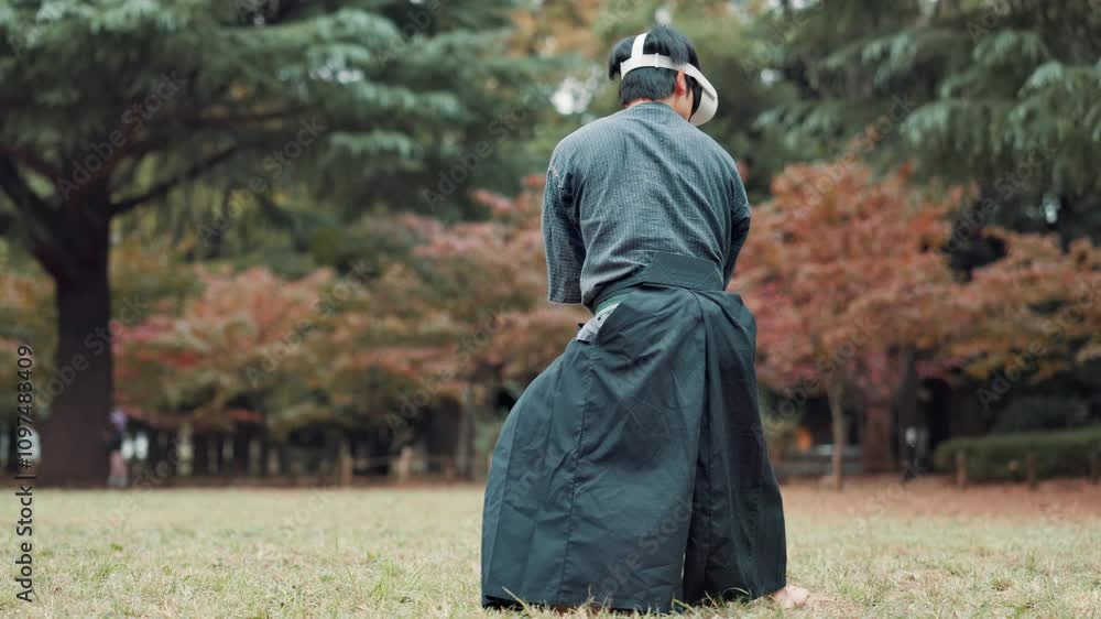 Aikido, practice and virtual reality with Japanese man in forest for metaverse exercise or training. Controller, technique and VR headset with Samurai person outdoor in nature for culture or skill Aikido, practice and virtual reality with Japanese man in forest for metaverse exercise or training. Controller, technique and VR headset with Samurai person outdoor in nature for culture or skill