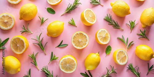 A vibrant flat lay showcasing whole lemons, lemon halves, and sprigs of rosemary arranged on a pink background.