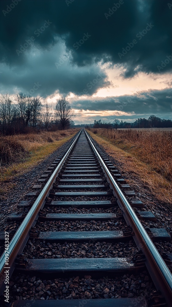 Fototapeta premium Railroad Tracks Leading into a Dramatic Sunset Landscape