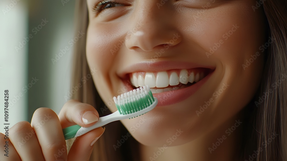 Close-up of a smiling woman holding a toothbrush with green bristles near her teeth. The focus is on her mouth and white, healthy teeth, conveying a dental health concept Close-up of a smiling woman holding a toothbrush with green bristles near her teeth. The focus is on her mouth and white, healthy teeth, conveying a dental health concept
