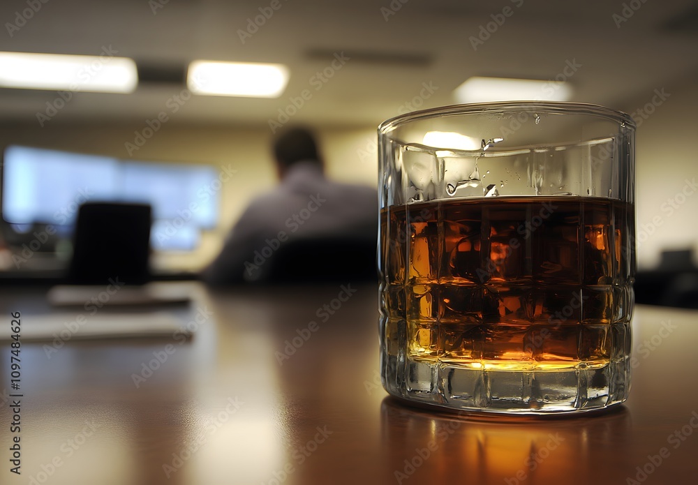 A glass of whiskey on the table, a blurred, sad man in the background sitting at an office desk. This is a stock photo with copy space left for text. A glass of whiskey on the table, a blurred, sad man in the background sitting at an office desk. This is a stock photo with copy space left for text.