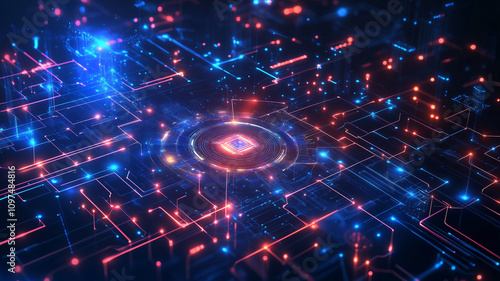 Futuristic digital circuit with glowing lights and intricate patterns