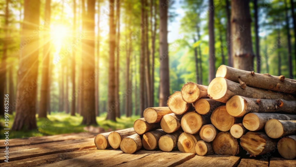 A sunlit stack of freshly cut logs rests on a wooden surface in a vibrant forest setting A sunlit stack of freshly cut logs rests on a wooden surface in a vibrant forest setting