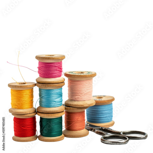 Collection of colorful thread spools and scissors on a transparent background showcasing sewing tools and vibrant textile supplies for creative projects