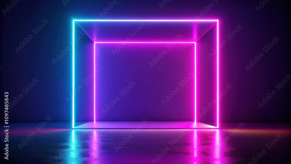 Abstract glowing neon square frame with vibrant light reflections on a dark surface Abstract glowing neon square frame with vibrant light reflections on a dark surface