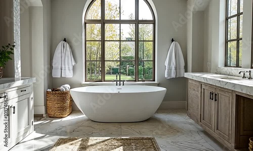 A serene bathroom featuring a freestanding tub and large window with natural light.