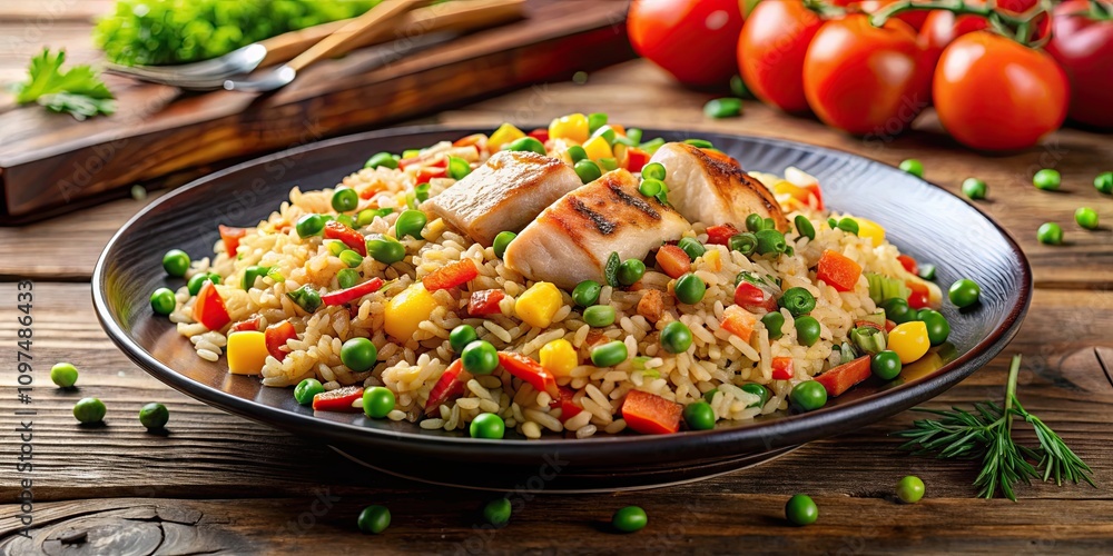 Delicious fried rice topped with colorful vegetables and fish garnish, fried rice, delicious, vegetables, fish Delicious fried rice topped with colorful vegetables and fish garnish, fried rice, delicious, vegetables, fish