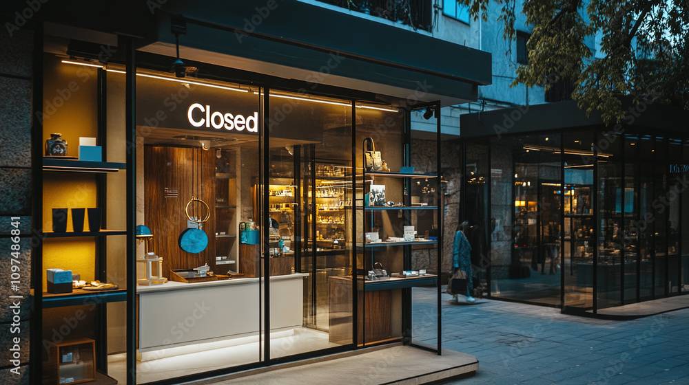 Closed boutique storefront with elegant window display, symbolizing the end of a day and the anticipation of a new beginning Closed boutique storefront with elegant window display, symbolizing the end of a day and the anticipation of a new beginning