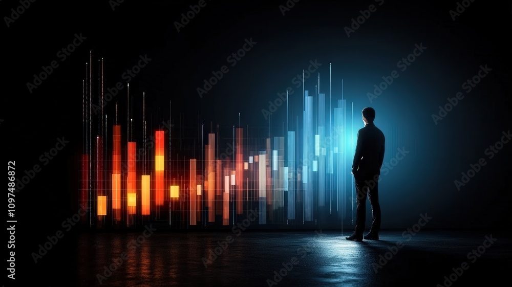 A silhouette of a person stands before vibrant, illuminated bars representing data visualization in a dark, futuristic setting. A silhouette of a person stands before vibrant, illuminated bars representing data visualization in a dark, futuristic setting.