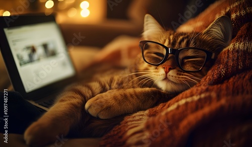 A cat wearing glasses is lying on the sofa with an open laptop in front of it. The image features high-definition photography,  photo