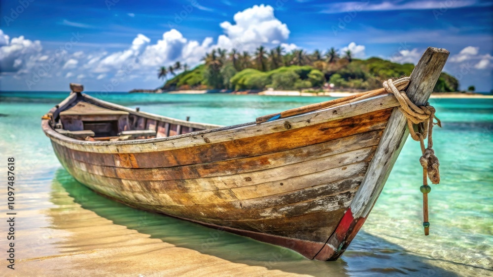 A weathered wooden boat rests gently on a tranquil, shallow beach, bathed in sunlight and framed by a picturesque tropical island A weathered wooden boat rests gently on a tranquil, shallow beach, bathed in sunlight and framed by a picturesque tropical island