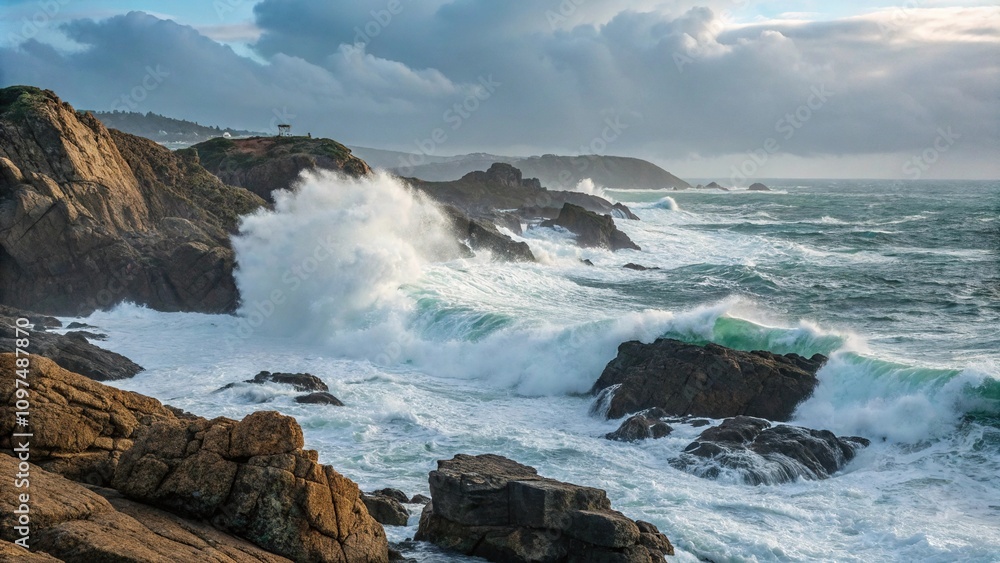 Seawater crashes against rocks on a rugged shoreline in a dramatic ocean scene, turbulent water, ocean, ocean spray Seawater crashes against rocks on a rugged shoreline in a dramatic ocean scene, turbulent water, ocean, ocean spray