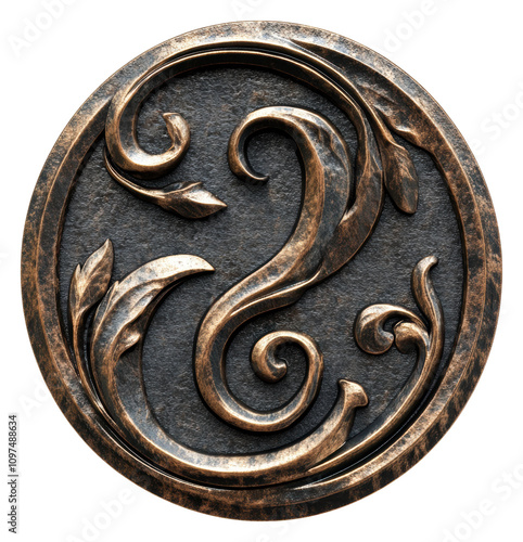 Bronze logo with patina showing intricate leaf isolated on transparent background photo