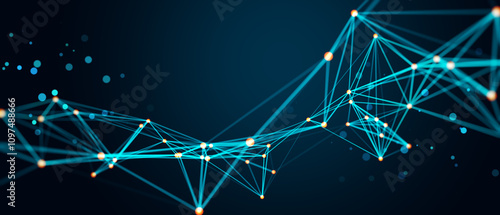 Abstract digital network connections forming geometric patterns on a dark blu...
