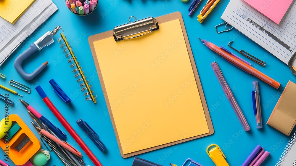 Colorful Stationery Supplies Arranged Around a Clipboard Colorful Stationery Supplies Arranged Around a Clipboard