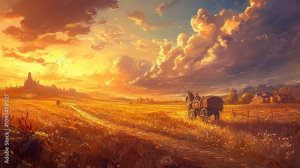 Fototapeta premium Sunset Landscape: Horse-Drawn Carriage on a Golden Field Path