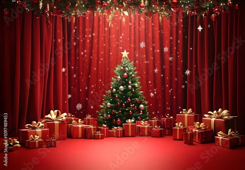 Christmas-red curtain stage with a Christmas tree and gifts backdrop, a theater background for a photo studio.