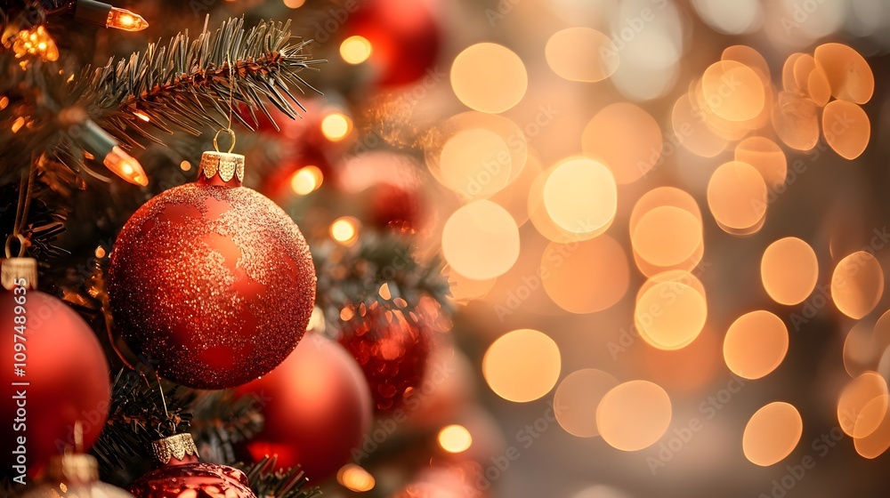 Close-up of red Christmas ornaments on a tree with bokeh lights in the background. The image is in focus, high resolution, high quality, and high detail. Close-up of red Christmas ornaments on a tree with bokeh lights in the background. The image is in focus, high resolution, high quality, and high detail.