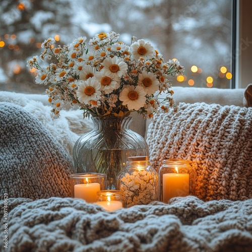 Daisies in Vase with Candle...