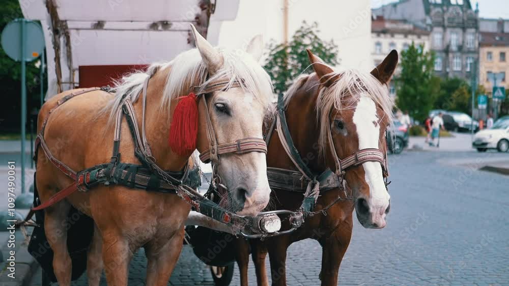 Two Brown Horses Stand in a Team Harnessed to a Cart on a City Street. Excursion or horse-drawn carriage. Close-up, horses chewing. Working horses, animals. Blurred background. Tourism business. Two Brown Horses Stand in a Team Harnessed to a Cart on a City Street. Excursion or horse-drawn carriage. Close-up, horses chewing. Working horses, animals. Blurred background. Tourism business.
