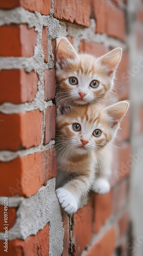 Two adorable orange kittens peeking from a brick wall. photo