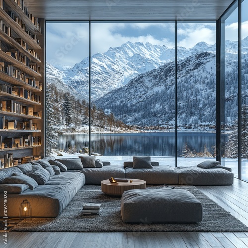 Modern Mountain View Living Room Design With Library