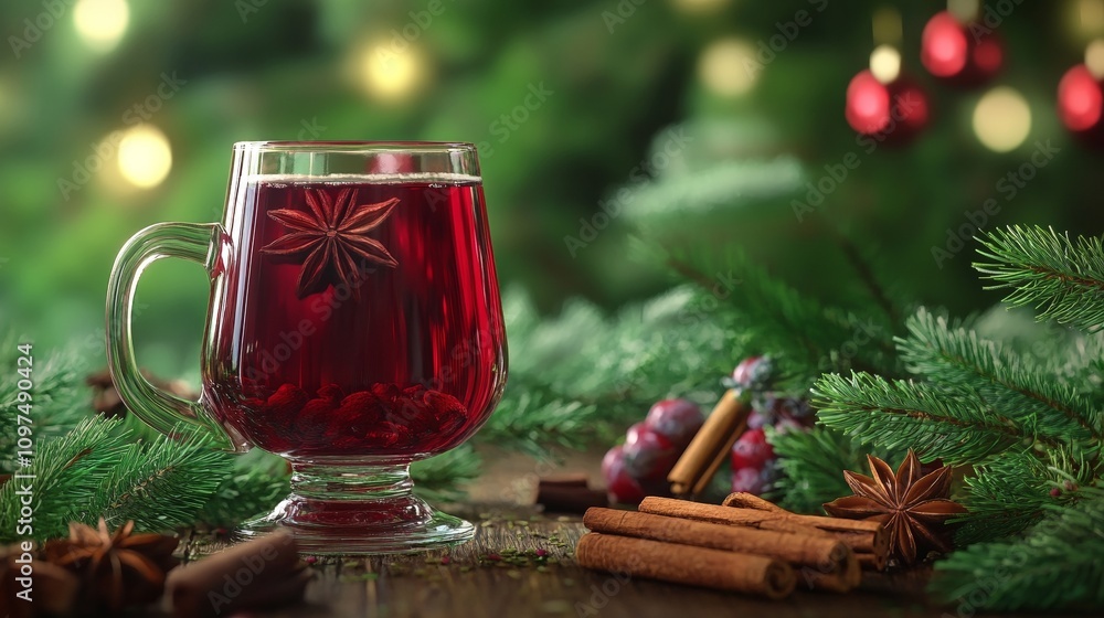 Glass of Mulled Wine Surrounded by Spices, Pine Branches, and Festive Decor on a Dark Green Background Creating a Cozy and Seasonal Atmosphere Glass of Mulled Wine Surrounded by Spices, Pine Branches, and Festive Decor on a Dark Green Background Creating a Cozy and Seasonal Atmosphere