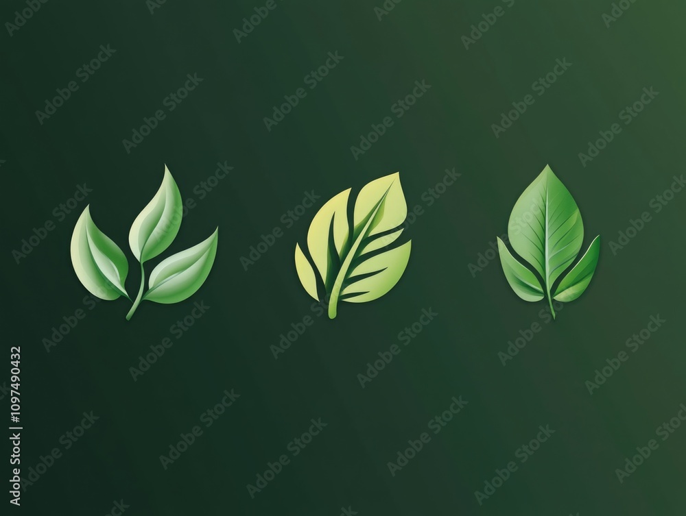 Three green leaves on dark green background Three green leaves on dark green background