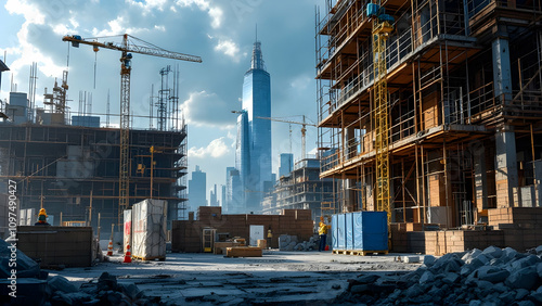 A bustling urban construction site with cranes, scaffolding, workers, and a modern skyscraper under construction in the background. Debris and building materials are scattered around.