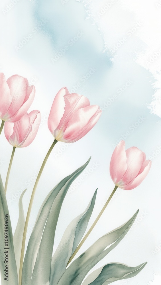 Fototapeta premium Watercolor Tulip on a blue sky Background.