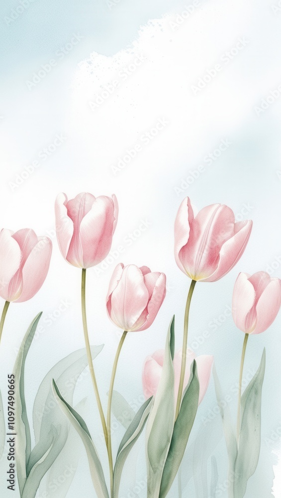 Fototapeta premium Watercolor Tulip on a blue sky Background. 