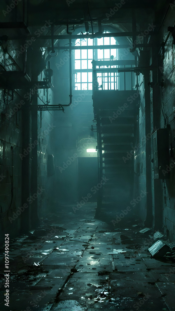Obraz premium A dimly lit, derelict corridor reveals a decaying staircase and high window. Pipes run along the walls of this eerie, abandoned industrial space. The floor is cracked and littered with debris.