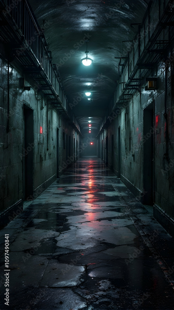 A long, dimly lit prison corridor with wet, cracked floor. Dark stone walls, metal railings overhead, and closed cell doors create an eerie atmosphere. The perspective extends deep into the darkness. A long, dimly lit prison corridor with wet, cracked floor. Dark stone walls, metal railings overhead, and closed cell doors create an eerie atmosphere. The perspective extends deep into the darkness.