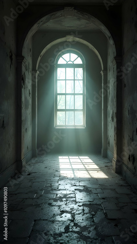 Sunbeams stream through an arched window in a dilapidated hallway. The aged stone floor and walls show significant wear. A sense of mystery and history pervades the scene.