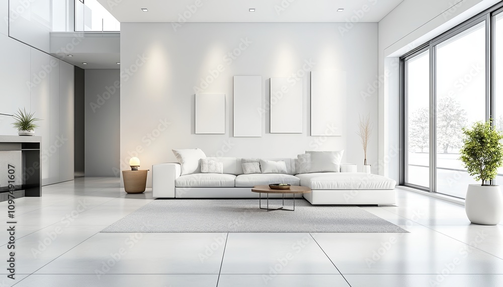 Fototapeta premium Interior of Modern Living Room with White Sofa Large Windows