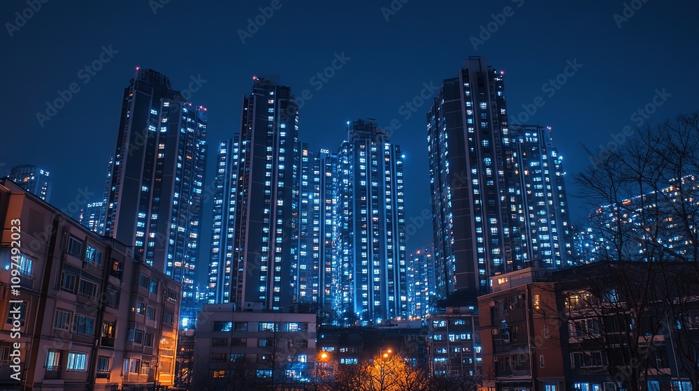 Night cityscape with illuminated skyscrapers and residential buildings. Night cityscape with illuminated skyscrapers and residential buildings.