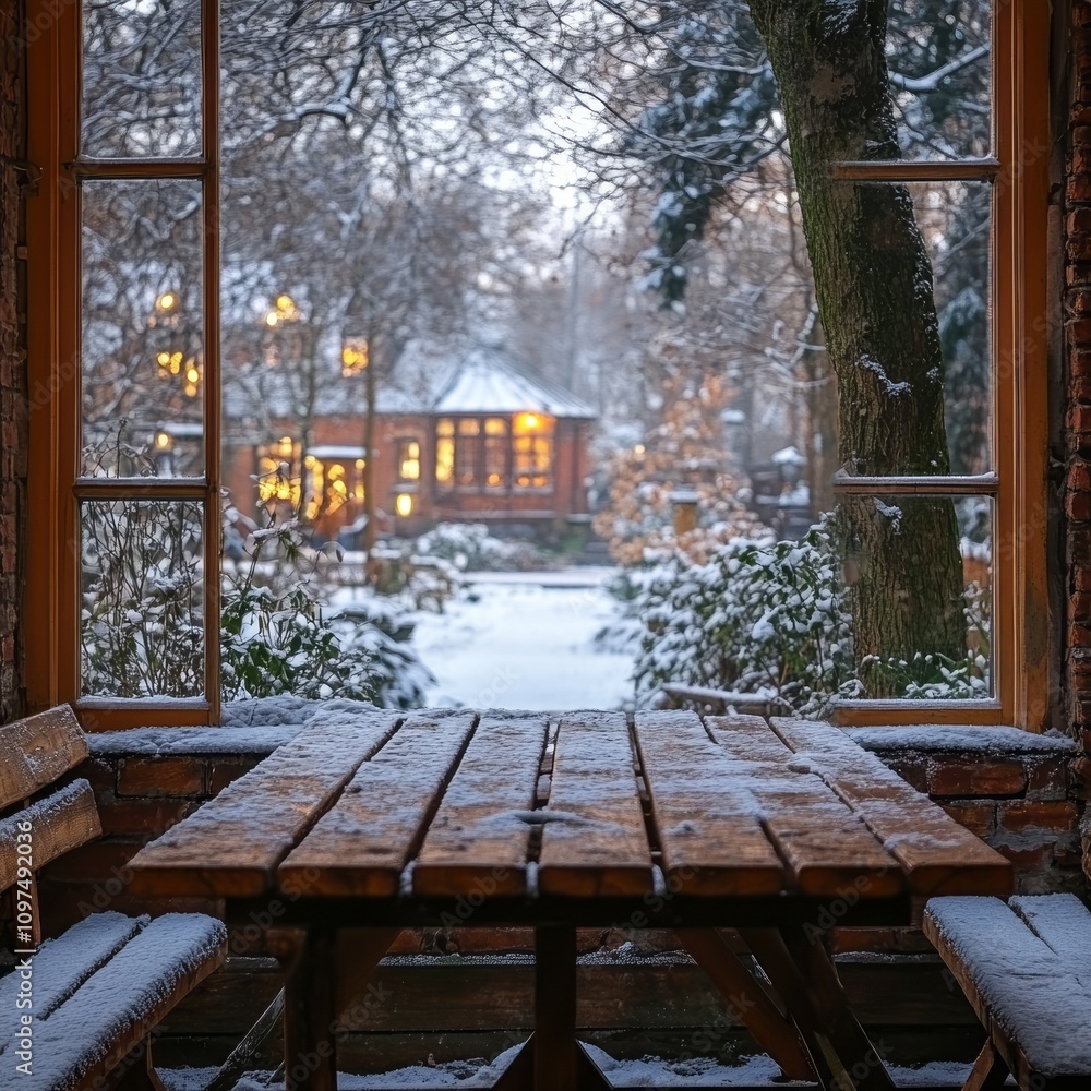 Wooden Table Snow Winter Scene House Lights Wooden Table Snow Winter Scene House Lights