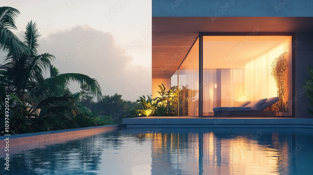 A modern holiday villa with clean architectural lines, featuring an infinity pool, surrounded by tropical plants, and bathed in soft evening light A modern holiday villa with clean architectural lines, featuring an infinity pool, surrounded by tropical plants, and bathed in soft evening light