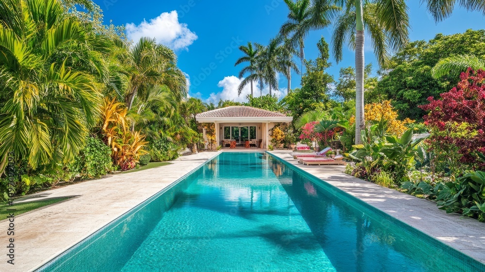 Fototapeta premium A holiday villa with a spacious pool and modern architecture, framed by palm trees and vibrant garden landscaping
