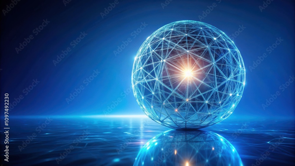 Abstract glowing sphere of interconnected nodes and lines reflecting on a dark blue surface Abstract glowing sphere of interconnected nodes and lines reflecting on a dark blue surface