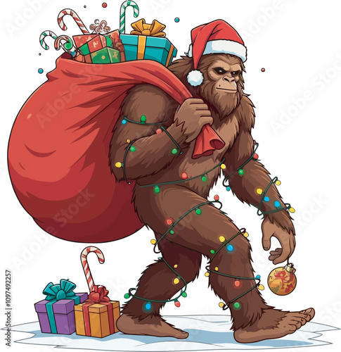 Flat Bigfoot Christmas illustration and vector 