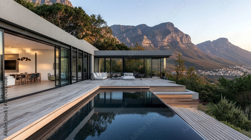 Fototapeta premium Luxurious contemporary villa with a minimalist design, large windows, a glistening pool, and a wooden deck set against a mountain backdrop