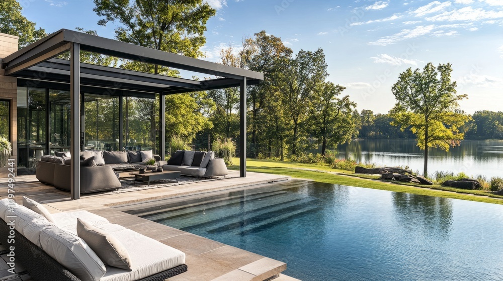 Fototapeta premium Luxury villa with a poolside cabana, modern outdoor furniture, and an unobstructed view of a serene lake