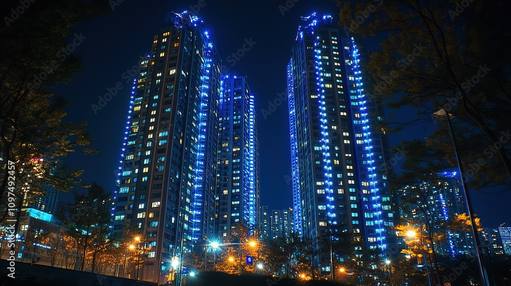Fototapeta premium Night cityscape with illuminated skyscrapers.