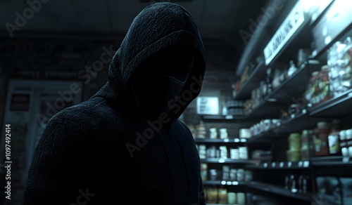 A hooded person in a black hoodie is robbing a store at night, captured in a wide-angle shot. The focus is on the face of the person in the dark hoodie,  photo