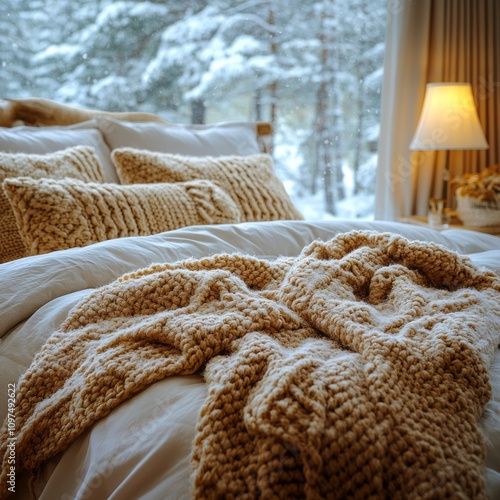 Cozy Knit Blanket On Bed Sn...