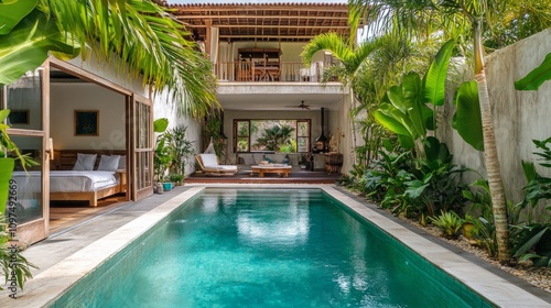 Wallpaper Mural Tropical villa with an open-plan living area leading to a large pool, surrounded by exotic plants and swaying palm trees - Torontodigital.ca