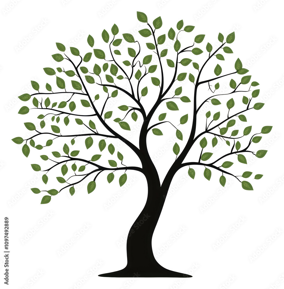 Stylized tree graphic with lush green leaves and a black trunk isolated on transparent background Stylized tree graphic with lush green leaves and a black trunk isolated on transparent background
